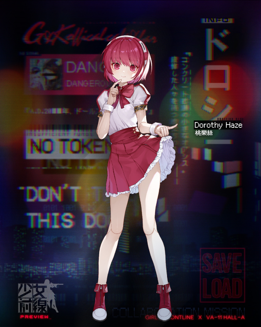 1girl artist_request bangs character_name closed_mouth dorothy_haze eyebrows_visible_through_hair frilled_skirt frills girls_frontline highres lifted_by_self looking_at_viewer official_art pink_eyes pink_hair pleated_skirt puffy_short_sleeves puffy_sleeves red_footwear red_neckwear red_skirt robot robot_joints shirt short_hair short_sleeves skirt skirt_lift solo va-11_hall-a white_shirt