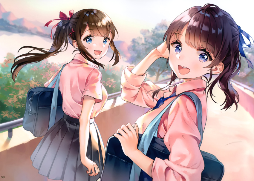 2girls absurdres ancotaku bag bangs blue_bow blue_eyes blue_neckwear blush bow breasts brown_hair eyebrows_visible_through_hair fang fingernails flower grey_skirt hair_bow hair_ornament hair_ribbon hand_up highres holding long_hair looking_at_viewer looking_back medium_breasts mountain multiple_girls necktie open_mouth original outdoors page_number pink_shirt pleated_skirt ponytail red_bow ribbon scan school_bag school_uniform shiny shiny_hair shirt short_sleeves sidelocks skirt smile sunset teeth tied_hair tree water x_hair_ornament zipper zipper_pull_tab