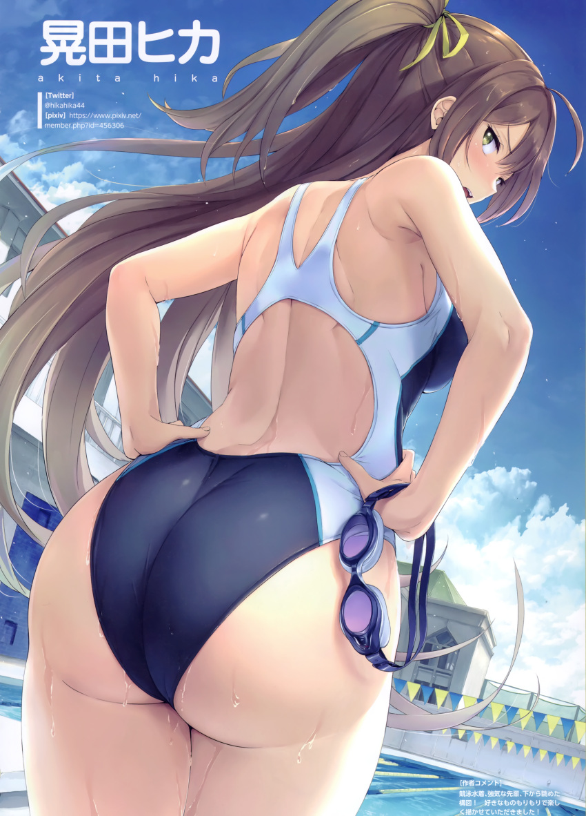 1girl absurdres akita_hika artist_name ass bare_shoulders blue_sky brown_hair clouds cloudy_sky day from_behind hands_on_hips highres long_hair looking_at_viewer looking_back one-piece_swimsuit outdoors scan shiny shiny_hair sky solo swimsuit twitter_username water water_drop wet