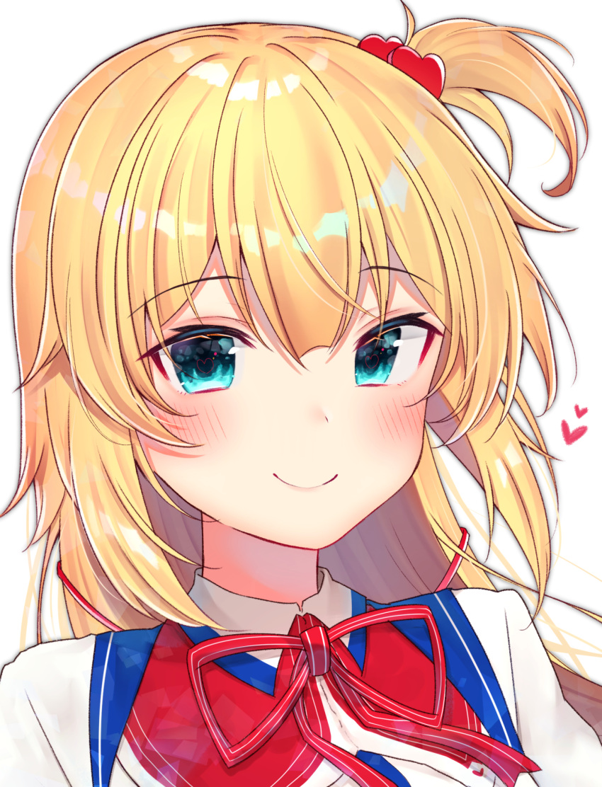 1girl akai_haato bangs blonde_hair blue_eyes blush closed_mouth collared_shirt eyebrows_visible_through_hair gyozanuko hair_between_eyes hair_ornament heart heart-shaped_pupils heart_hair_ornament highres hololive long_hair neck_ribbon one_side_up red_ribbon ribbon shirt simple_background smile solo striped striped_ribbon symbol-shaped_pupils upper_body virtual_youtuber white_background white_shirt