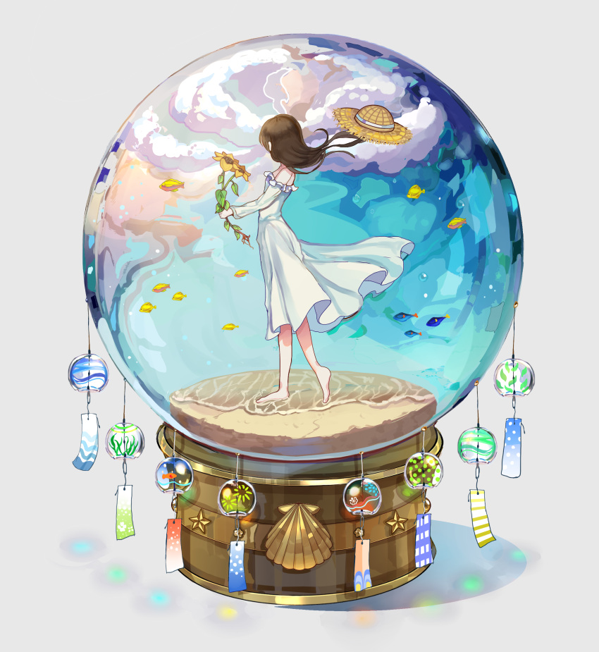 1girl absurdres barefoot blue_sky brown_hair clouds dress facing_away fish flower glass hat hat_removed headwear_removed highres hisao_0111 holding holding_flower night night_sky original sky snow_globe solo standing straw_hat sunflower white_dress wind_chime