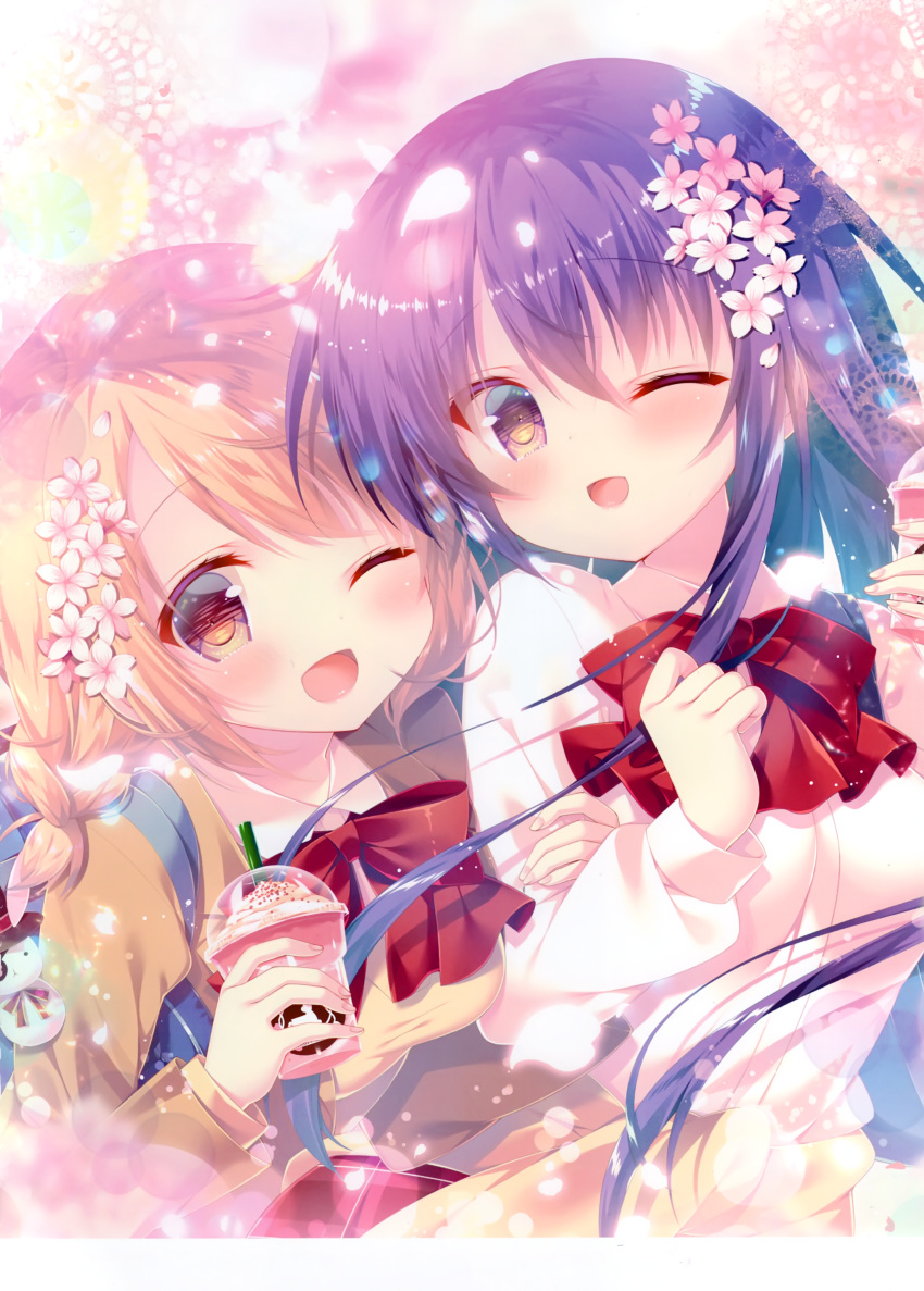 2girls ;d absurdres arm_holding bag bag_charm black_eyes black_hair blonde_hair blush bow bowtie braid brown_jacket charm_(object) cherry_blossoms clenched_hand cup eyepatch flower gochuumon_wa_usagi_desu_ka? hair_flower hair_ornament highres holding holding_cup hoto_cocoa jacket long_hair long_sleeves mitsumomo_mamu multiple_girls one_eye_closed open_mouth orange_eyes orange_hair petals red_neckwear scan school_bag shirt smile stuffed_animal stuffed_bunny stuffed_toy tedeza_rize upper_body white_shirt