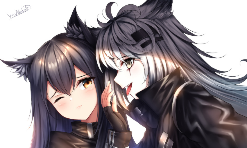 2girls animal_ear_fluff animal_ears arknights bangs black_gloves black_hair blush brown_eyes eyebrows_visible_through_hair fingerless_gloves gloves grey_eyes hair_between_eyes hair_ornament hairclip high_collar highres jacket lappland_(arknights) long_hair long_sleeves looking_at_another looking_at_viewer multiple_girls one_eye_closed open_mouth profile scar scar_across_eye silver_hair texas_(arknights) tongue tongue_out upper_body white_background wsman