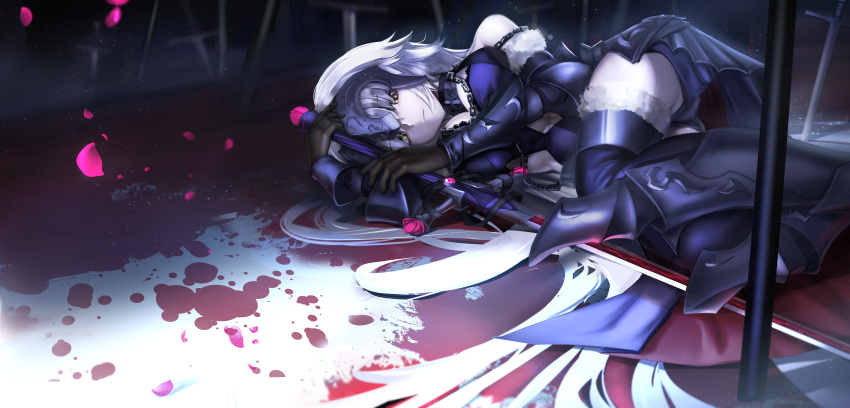 1girl absurdres ahoge armor armored_dress black_dress black_gloves black_legwear breasts chain dress fate/grand_order fate_(series) faulds fur_trim gauntlets gloves greaves headpiece highres huge_filesize jeanne_d'arc_(alter)_(fate) jeanne_d'arc_(fate)_(all) large_breasts long_hair lying nakasaku-p on_side silver_hair solo sword thigh-highs vambraces very_long_hair weapon yellow_eyes