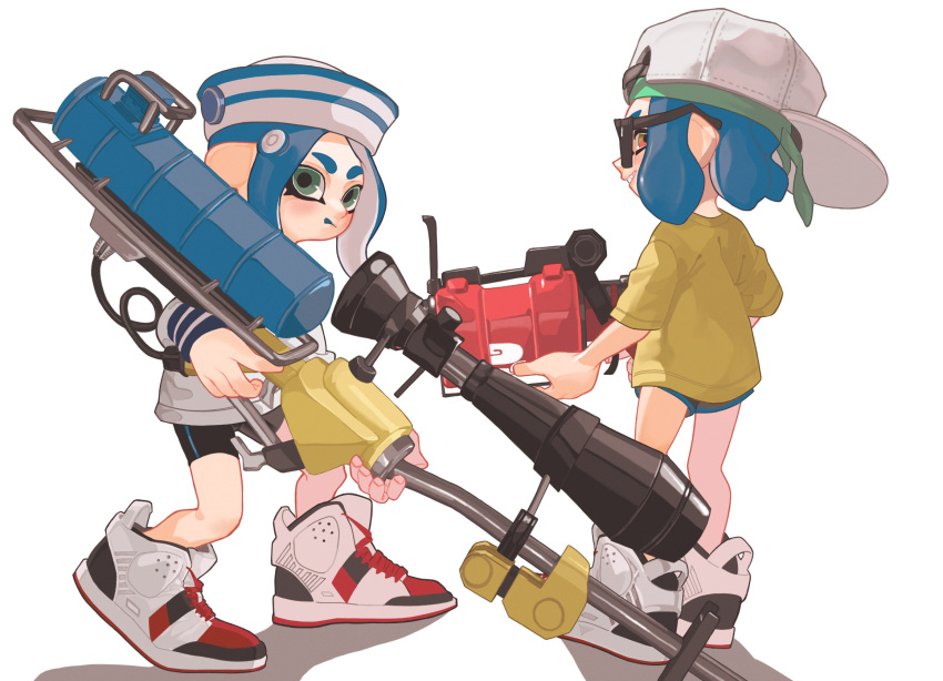 .52_gal_(splatoon) 2girls agemu backwards_hat baseball_cap bike_shorts black_shorts blue_hair dixie_cup_hat e-liter_4k_(splatoon) green_eyes grin hat highres holding inkling long_hair long_sleeves military_hat multiple_girls octarian octoling orange_eyes pointy_ears shadow shirt shoes short_hair short_sleeves shorts simple_background single_vertical_stripe smile sneakers splatoon_(series) splatoon_2 standing suction_cups sunglasses t-shirt tentacle_hair white_background white_headwear yellow_shirt