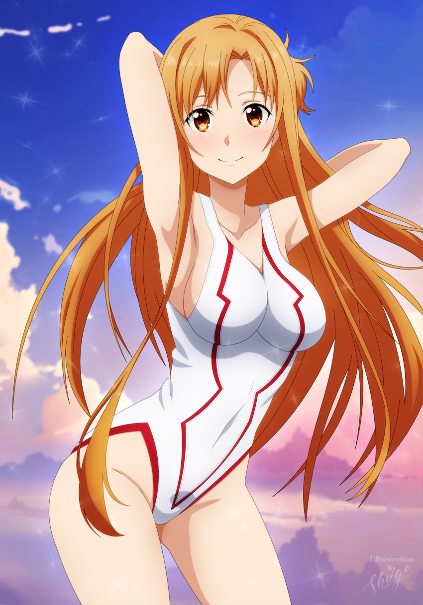 1girl absurdres armpits arms_behind_head artist_name asuna_(sao) benjoerres blue_sky blush breasts brown_eyes brown_hair clouds collarbone commentary highres huge_filesize large_breasts long_hair looking_at_viewer outdoors red_swimsuit sky smile solo swimsuit sword_art_online white_swimsuit