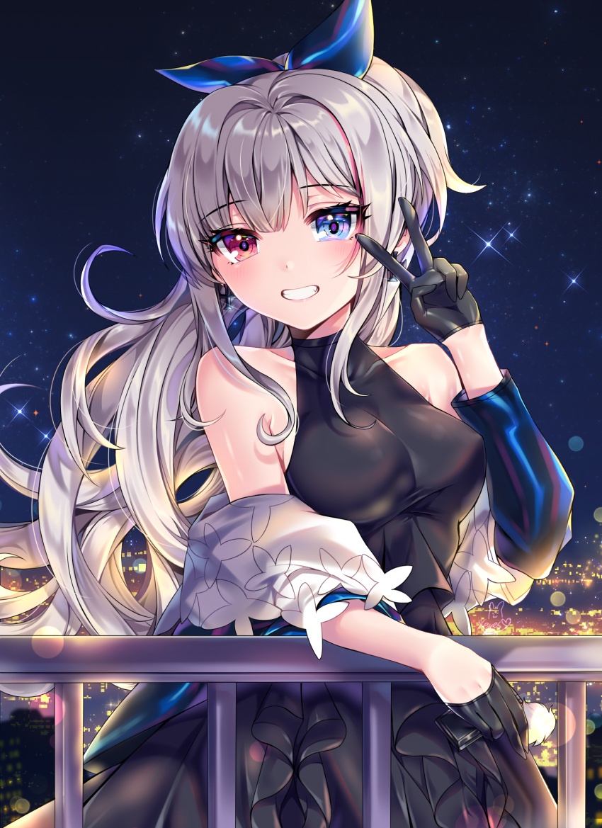 1girl :p artist_name bangs black_dress black_gloves blue_bow blue_eyes blue_jacket blush bow breasts cellphone cowboy_shot cross cross_earrings dress earrings eyebrows_visible_through_hair flip_phone floating_hair girls_frontline gloves grey_hair grin hair_between_eyes hair_bow half_gloves heterochromia highres holding holding_phone jacket jewelry long_hair looking_at_viewer mdr_(girls_frontline) multicolored_hair night off_shoulder one_side_up outdoors phone pink_eyes pink_hair ponytail sidelocks sky smile solo star_(sky) starry_sky streaked_hair tongue tongue_out white_background wind xes_(xes_5377)