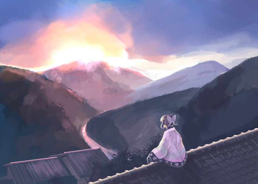 1girl black_hair butterfly_hair_ornament hair_ornament haori highres japanese_clothes kimetsu_no_yaiba kochou_shinobu morning mountain nature outdoors river rooftop scenery short_hair sitting sky solo sun sunrise tomosuke_(tosuke)