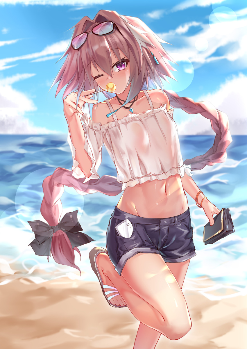 1boy absurdres astolfo_(fate) bag bangs bare_legs bare_shoulders beach black_bow blue_shorts bow braid cellphone clouds commentary_request day eyebrows_visible_through_hair eyewear_on_head fate/grand_order fate_(series) glasses hair_between_eyes hair_bow hair_intakes hair_ribbon handbag highres holding holding_lollipop jewelry long_hair looking_at_viewer male_focus multicolored_hair navel necklace ocean one_eye_closed otoko_no_ko outdoors phone pink_hair qinshi-ji ribbon short_shorts shorts single_braid smartphone solo streaked_hair water