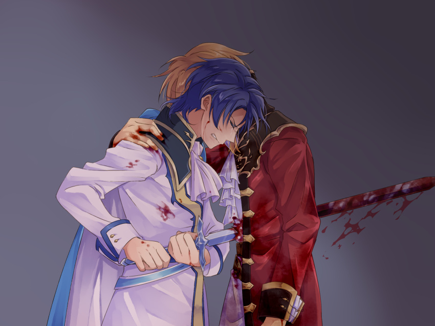 2boys blonde_hair blood bloody_clothes bloody_weapon blue_hair cape closed_eyes crying eltoshan_(fire_emblem) european_clothes fire_emblem fire_emblem:_seisen_no_keifu highres holding holding_sword holding_weapon melka_(elyss-abyss) multiple_boys sigurd_(fire_emblem) stabbing sword tears weapon