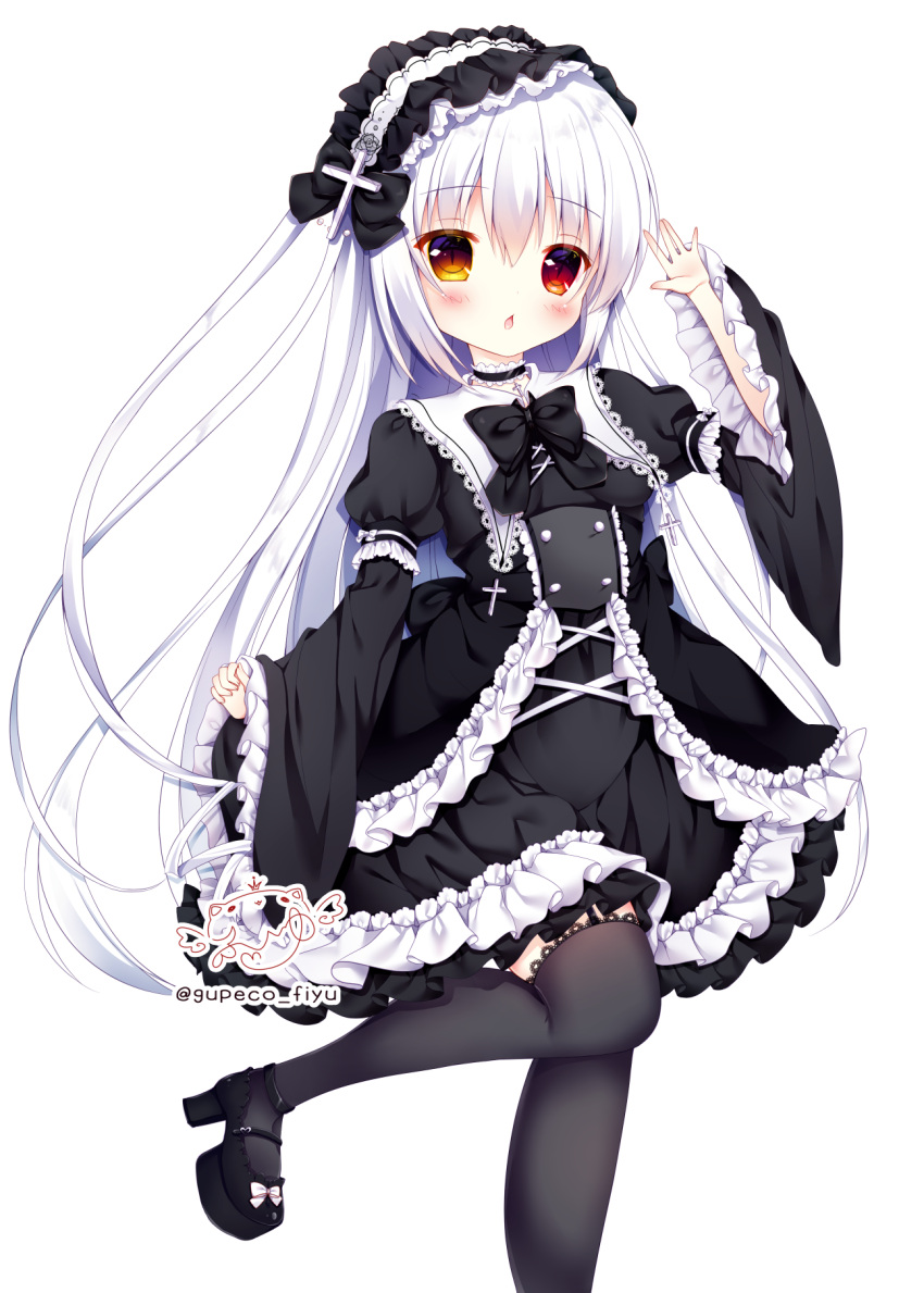 1girl arm_up bangs black_bow black_choker black_dress black_footwear black_legwear blush bow brown_eyes chestnut_mouth choker commentary_request dress eyebrows_visible_through_hair fingernails frilled_dress frills fuxiyu garter_straps gothic_lolita hair_between_eyes hairband high_heels highres juliet_sleeves lace lace-trimmed_legwear latin_cross lolita_fashion lolita_hairband long_hair long_sleeves mary_janes original parted_lips puffy_sleeves red_eyes shoes signature simple_background sleeves_past_wrists solo standing standing_on_one_leg thigh-highs twitter_username very_long_hair white_background white_bow white_hair wide_sleeves