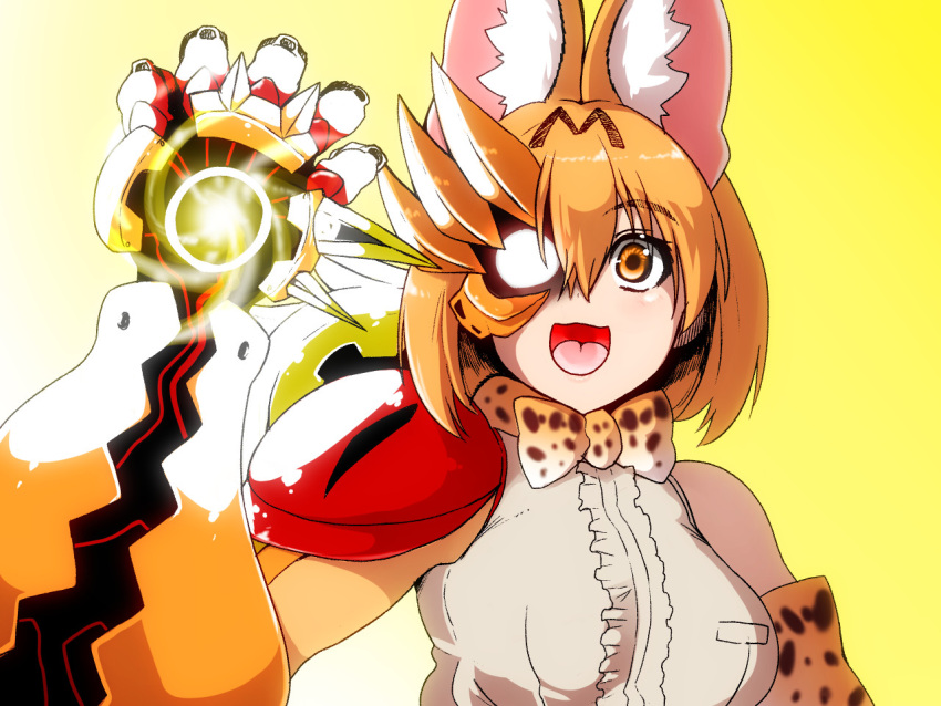 animal_ears bow bowtie commentary_request elbow_gloves gauntlets gloves isuna kemono_friends parody print_gloves print_neckwear scryed serval_(kemono_friends) serval_ears serval_print shell_bullet shirt sleeveless sleeveless_shirt