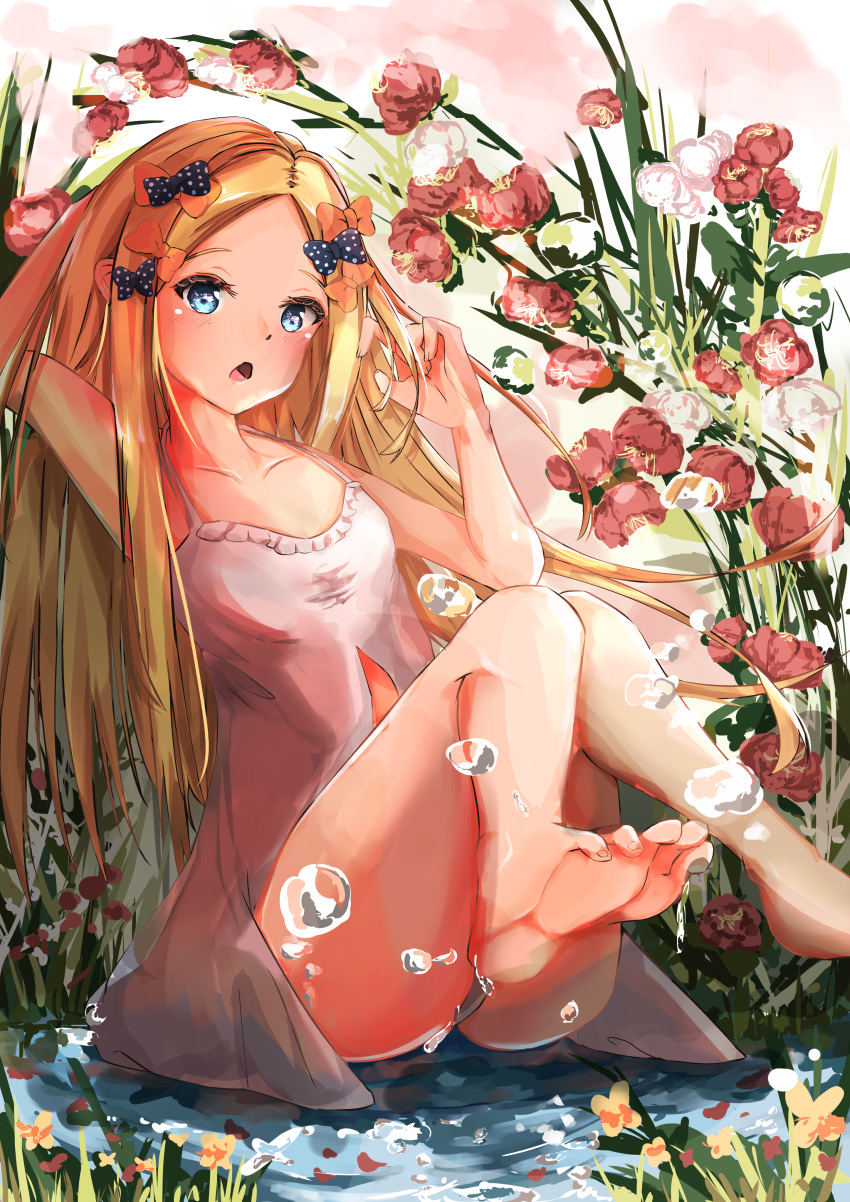 1girl abigail_williams_(fate/grand_order) absurdres arm_behind_head arm_up armpits ass babydoll bangs bare_shoulders barefoot black_bow blonde_hair blue_eyes blush bow breasts fate/grand_order fate_(series) feet flower forehead hair_bow highres legs long_hair looking_at_viewer minertime open_mouth orange_bow parted_bangs polka_dot polka_dot_bow sitting small_breasts solo thighs toes water water_drop