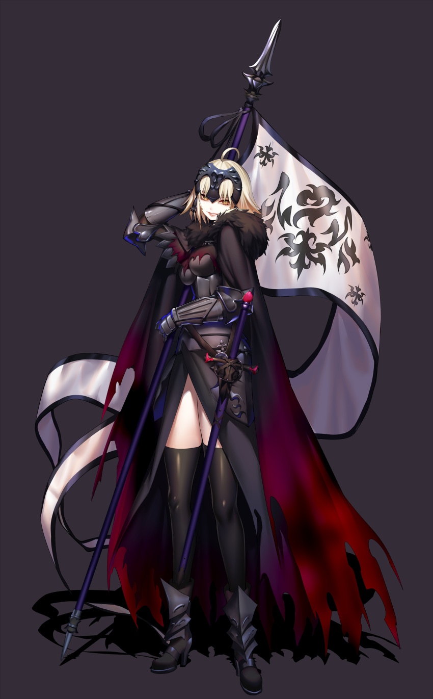 1girl absurdres ahoge armor armored_boots armored_dress black_armor black_cape black_dress black_footwear black_gloves black_legwear blonde_hair boots cape dress fate/grand_order fate_(series) flag full_body gloves gradient grey_background headpiece highres jeanne_d'arc_(alter)_(fate) jeanne_d'arc_(fate)_(all) looking_at_viewer rahato short_hair smile solo standing thigh-highs yellow_eyes zettai_ryouiki