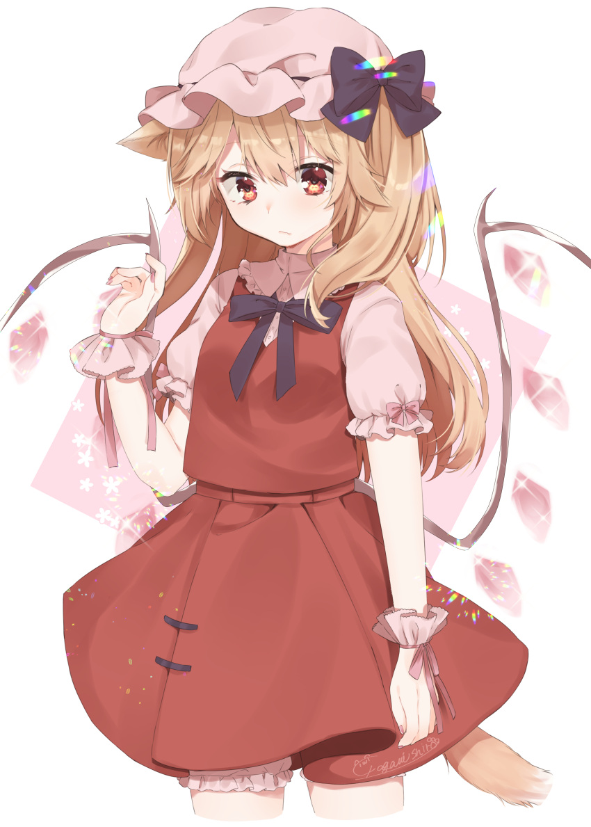 1girl abe_suke absurdres animal_ear_fluff animal_ears black_bow blonde_hair bloomers bow collared_shirt commentary_request crystal dress_shirt fingernails flandre_scarlet hand_up hat hat_bow highres kemonomimi_mode long_hair mob_cap nail_polish pink_background pink_bloomers pink_bow pink_headwear pink_nails pink_shirt pleated_skirt red_skirt red_vest shirt signature skirt solo tail touhou two-tone_background underwear very_long_hair vest white_background wings wrist_cuffs