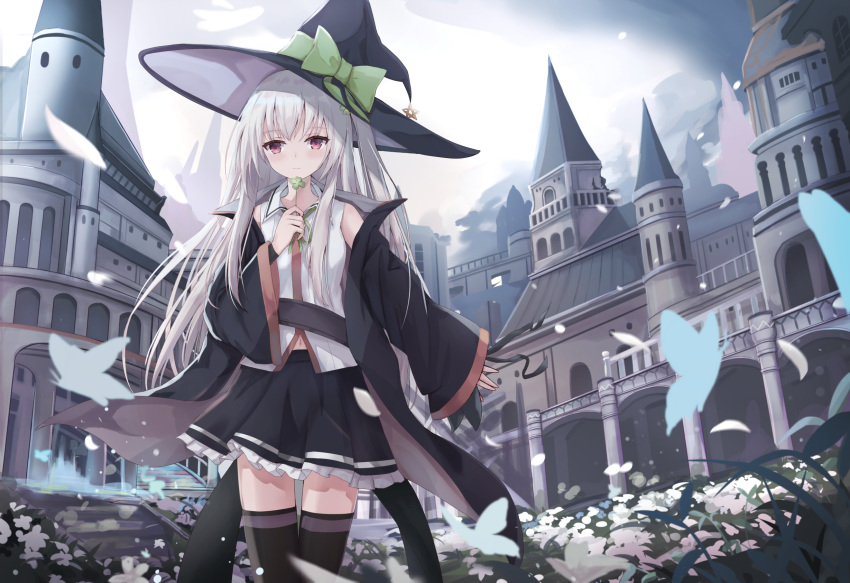 1girl bangs black_legwear blush bug building butterfly clover coat day eyebrows_visible_through_hair flower four-leaf_clover hat highres insect long_hair looking_at_viewer navel open_clothes open_coat original outdoors red_eyes shirt sleeveless smile solo standing thigh-highs touhourh very_long_hair white_hair white_shirt witch_hat