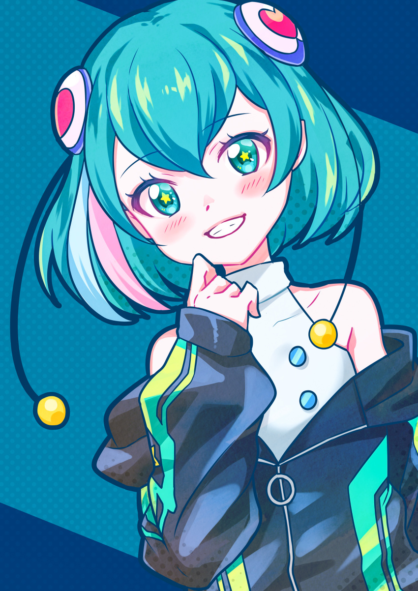 1girl absurdres black_jacket blue_background blue_eyes blue_hair blush clothes_down collarbone eriko grin hagoromo_lala hair_ornament highlights highres jacket long_sleeves looking_at_viewer multicolored_hair precure shiny shiny_hair short_hair smile solo star star-shaped_pupils star_twinkle_precure symbol-shaped_pupils upper_body