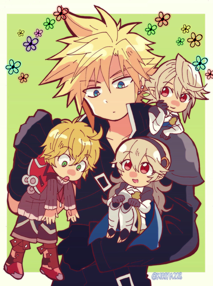 1girl 3boys armor blonde_hair blue_cape blue_eyes blush cape chibi cloud_strife dairantou!_smash_brothers_for_wii_u_and_3ds dragon_boy dragon_girl earrings female_my_unit_(fire_emblem_if) final_fantasy final_fantasy_vii final_fantasy_vii_advent_children fire_emblem fire_emblem_heroes fire_emblem_if gloves green_eyes hairband highres intelligent_systems jewelry kiriya_(552260) long_hair male_my_unit_(fire_emblem_if) mamkute monolith_soft multiple_boys my_unit_(fire_emblem_if) nintendo open_mouth pointy_ears short_hair shulk simple_background smile spiky_hair square_enix super_smash_bros. sword weapon white_hair xenoblade_(series) xenoblade_1