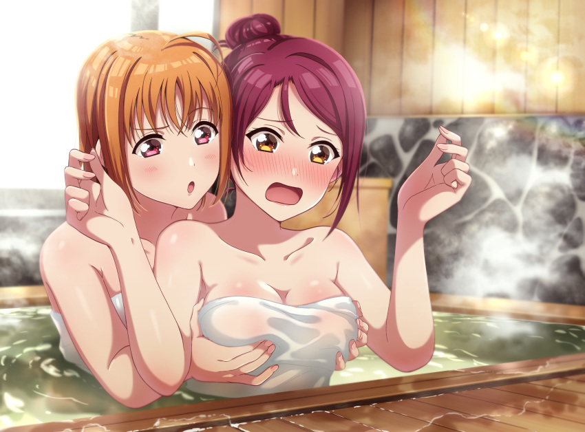 2girls :o absurdres ahoge bangs blush breast_grab breasts clenched_hands collarbone commentary_request grabbing grabbing_from_behind groping hair_bun hair_up hands_up highres kougi_hiroshi love_live! love_live!_sunshine!! medium_breasts multiple_girls onsen open_mouth orange_hair partially_submerged red_eyes redhead sakurauchi_riko shared_bathing short_hair steam takami_chika towel upper_body v-shaped_eyebrows yellow_eyes yuri