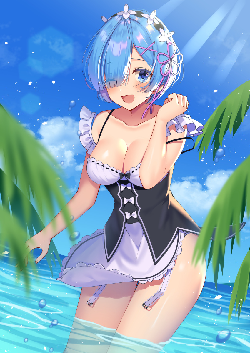 1girl ;d absurdres arm_at_side bangs bare_shoulders black_bow black_ribbon blue_eyes blue_hair blue_sky blush bow breasts collarbone commentary_request day eyebrows_visible_through_hair eyes_visible_through_hair frilled_sleeves frills garter_straps hair_ornament hair_over_one_eye hand_up highres izumo_neru leaf looking_at_viewer maid maid_headdress ocean one_eye_closed open_mouth outdoors palm_tree pink_ribbon plant purple_ribbon re:zero_kara_hajimeru_isekai_seikatsu rem_(re:zero) ribbon ribbon-trimmed_clothes ribbon_trim shiny shiny_skin sky smile standing tree underbust wading water water_drop x_hair_ornament