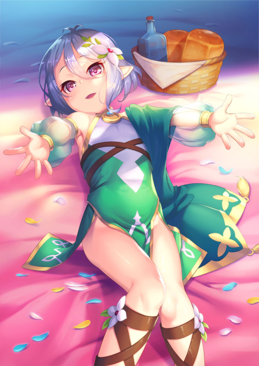 1girl armpits basket bottle bread commentary_request detached_sleeves dress elf flower food green_dress hair_flower hair_ornament highres kokkoro_(princess_connect!) legs lying momoto0193 no_panties on_back open_mouth outstretched_arms petals pointy_ears princess_connect! princess_connect!_re:dive red_eyes see-through short_dress short_hair silver_hair smile solo