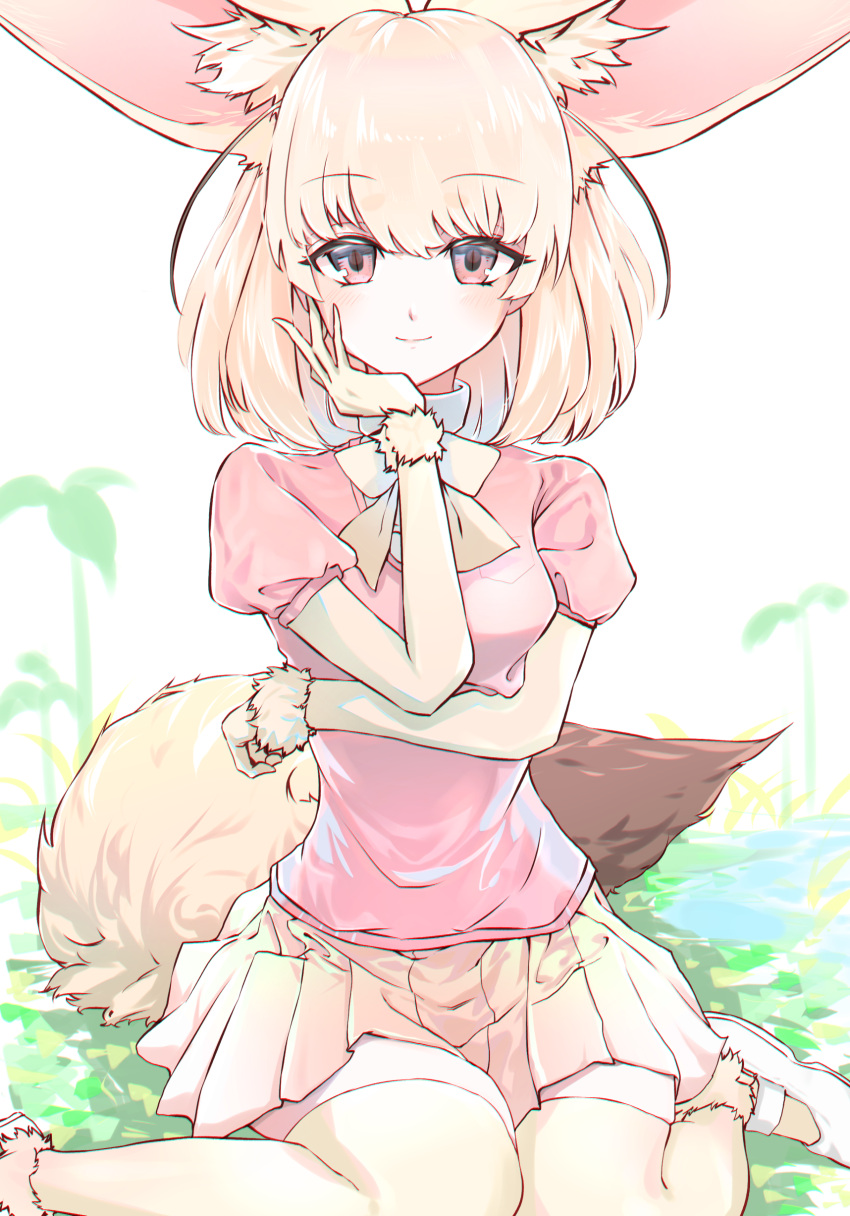 1girl absurdres blonde_hair closed_mouth commentary_request fennec_(kemono_friends) highres kemono_friends large_tail matsunaga777 pink_eyes pink_shirt pleated_skirt puffy_short_sleeves puffy_sleeves shirt short_sleeves skirt slit_pupils solo tail yellow_skirt
