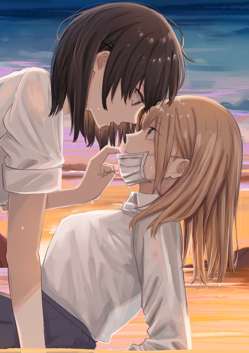 2girls absurdres arm_support bangs blonde_hair blush breasts brown_eyes brown_hair collared_shirt commentary_request eye_contact eyebrows_visible_through_hair from_side hair_ornament hairclip highres ibuki_(ibuki0118) long_hair long_sleeves looking_at_another mask_pull medium_breasts multiple_girls ocean open_mouth original outdoors pleated_skirt profile school_uniform see-through_silhouette shirt short_hair short_sleeves skirt sky surgical_mask twilight wet white_shirt wing_collar yuri