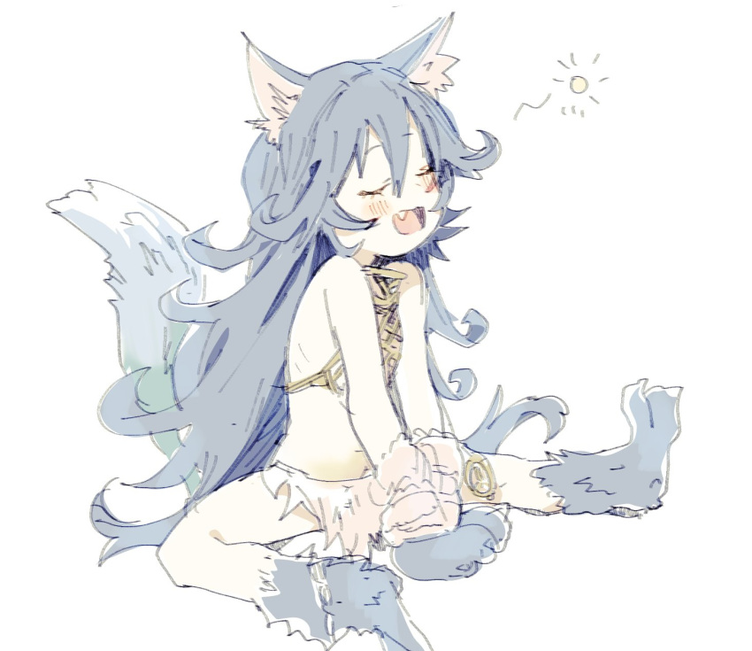 1girl :d animal_ear_fluff animal_ears bangs bare_shoulders blue_footwear blue_gloves blue_hair blush chromatic_aberration closed_eyes commentary_request dog_ears dog_girl dog_tail eyebrows_visible_through_hair fang fenrir_(shingeki_no_bahamut) gloves gorirago granblue_fantasy hair_between_eyes highres long_hair open_mouth paw_gloves paw_shoes paws shadow shingeki_no_bahamut shoes simple_background sitting sketch smile solo tail very_long_hair white_background wolf_ears wolf_tail