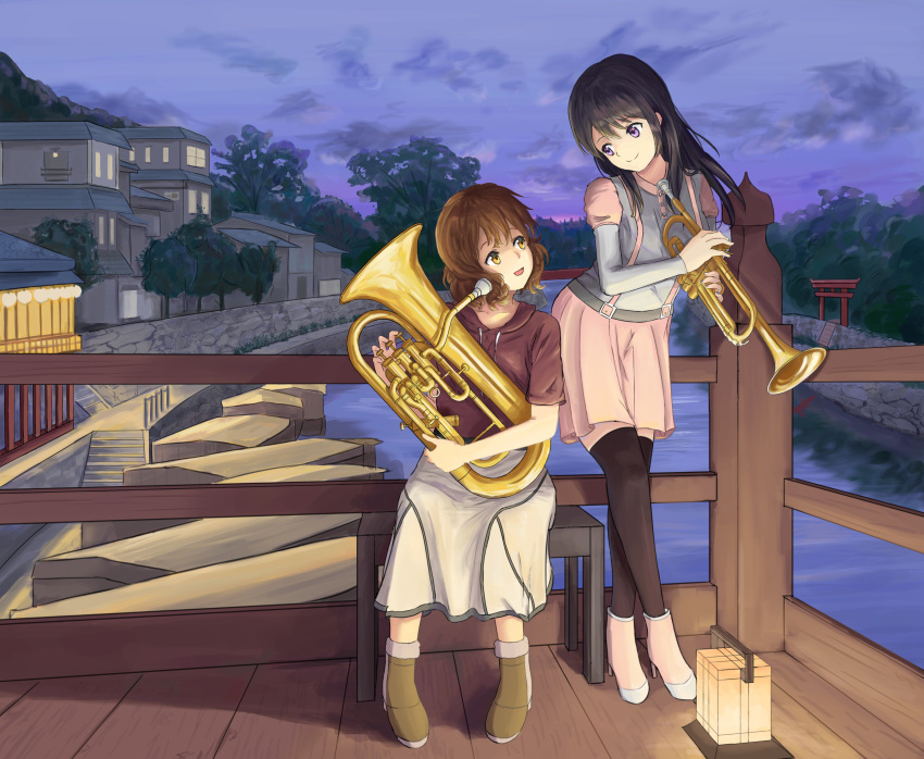 absurdres black_hair black_legwear blue_sky brown_footwear brown_hair brown_shirt building euphonium eye_contact hibike!_euphonium high_heels highres instrument kousaka_reina long_hair looking_at_another night oumae_kumiko outdoors pink_skirt raiiniichts railing river shirt sitting skirt sky smile stairs thigh-highs torii tree trumpet violet_eyes white_skirt