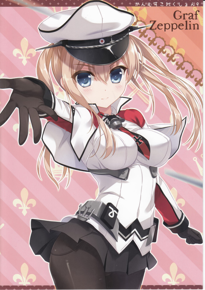 1girl absurdres ameto_yuki bangs black_gloves black_legwear black_skirt blonde_hair blue_eyes blush breasts capelet character_name closed_mouth gloves graf_zeppelin_(kantai_collection) hair_between_eyes hand_up hat highres kantai_collection long_hair long_sleeves looking_at_viewer medium_breasts miniskirt outstretched_hand pantyhose peaked_cap pleated_skirt scan shiny shiny_clothes shiny_hair shiny_skin simple_background skirt solo twintails uniform white_capelet