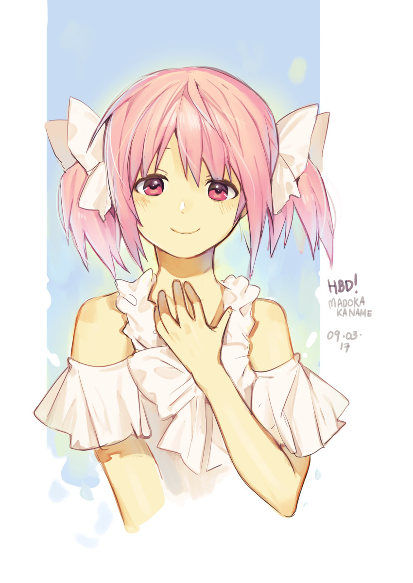 1girl 2017 absurdres arm_at_side bare_shoulders blue_background blush character_name commentary_request dated english_commentary frilled_sleeves frills hair_ribbon hand_on_own_chest happy happy_birthday highres kaname_madoka looking_at_viewer mahou_shoujo_madoka_magica mixed-language_commentary pink_eyes pink_hair ribbon shirt short_twintails simple_background smile solo twintails two-tone_background upper_body velahka white_background white_ribbon white_shirt