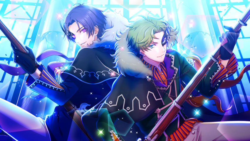 2boys alternate_costume antenna_hair bangs black_gloves bolt_action cape constricted_pupils enfield_(senjuushi) fur_collar fur_trim game_cg gloves glowing glowing_eyes green_eyes green_hair gun highres holding holding_gun holding_weapon lee-enfield looking_at_viewer male_focus mask multiple_boys non-web_source official_art parted_bangs purple_hair ribbon_bangs rifle screencap senjuushi:_the_thousand_noble_musketeers shirt short_hair smile snider_(senjuushi) striped striped_shirt violet_eyes weapon