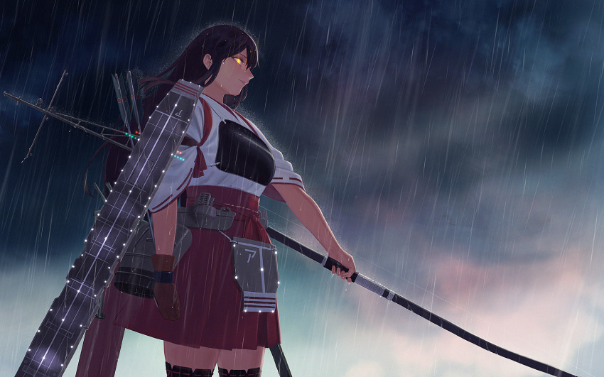 1girl akagi_(kantai_collection) arrow bangs bow_(weapon) brown_hair closed_mouth commentary_request dark_sky flight_deck gloves glowing glowing_eyes hakama hakama_skirt highres holding holding_bow_(weapon) holding_weapon japanese_clothes kantai_collection lights lips long_hair muneate partly_fingerless_gloves quiver rain red_skirt remodel_(kantai_collection) rigging sidelocks single_glove skirt sky solo sword tasuki upper_body weapon wet yellow_eyes yue_(tada_no_saboten) yugake