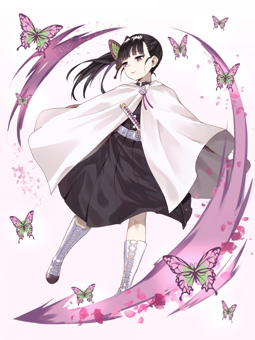 1girl absurdres animal bangs belt belt_buckle black_hair black_shirt black_skirt blunt_bangs boots buckle bug butterfly cape closed_mouth commentary_request cross-laced_footwear eyebrows_visible_through_hair full_body gradient gradient_background grey_belt highres insect katana kimetsu_no_yaiba knee_boots lace-up_boots long_hair looking_away looking_to_the_side pink_background pleated_skirt shirt side_ponytail skirt smile solo sword tsuyuri_kanao violet_eyes weapon white_background white_cape white_footwear yuuuuu