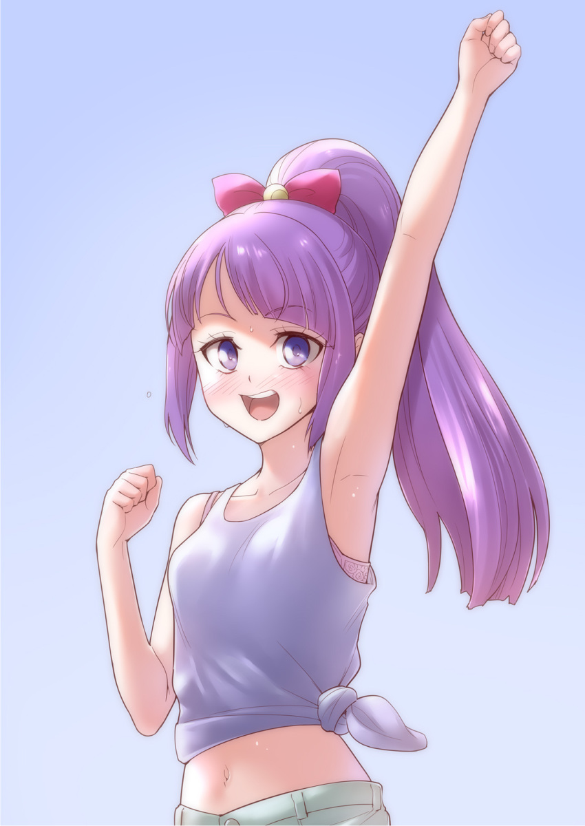 1girl arm_up bangs bare_arms bare_shoulders bow bra collarbone commentary_request eyebrows_visible_through_hair hair_bow highres kaguya_madoka long_hair ogry_ching open_mouth pink_bra precure purple_background purple_hair red_bow round_teeth shorts simple_background solo star_twinkle_precure sweat tank_top teeth underwear upper_teeth violet_eyes white_shorts white_tank_top