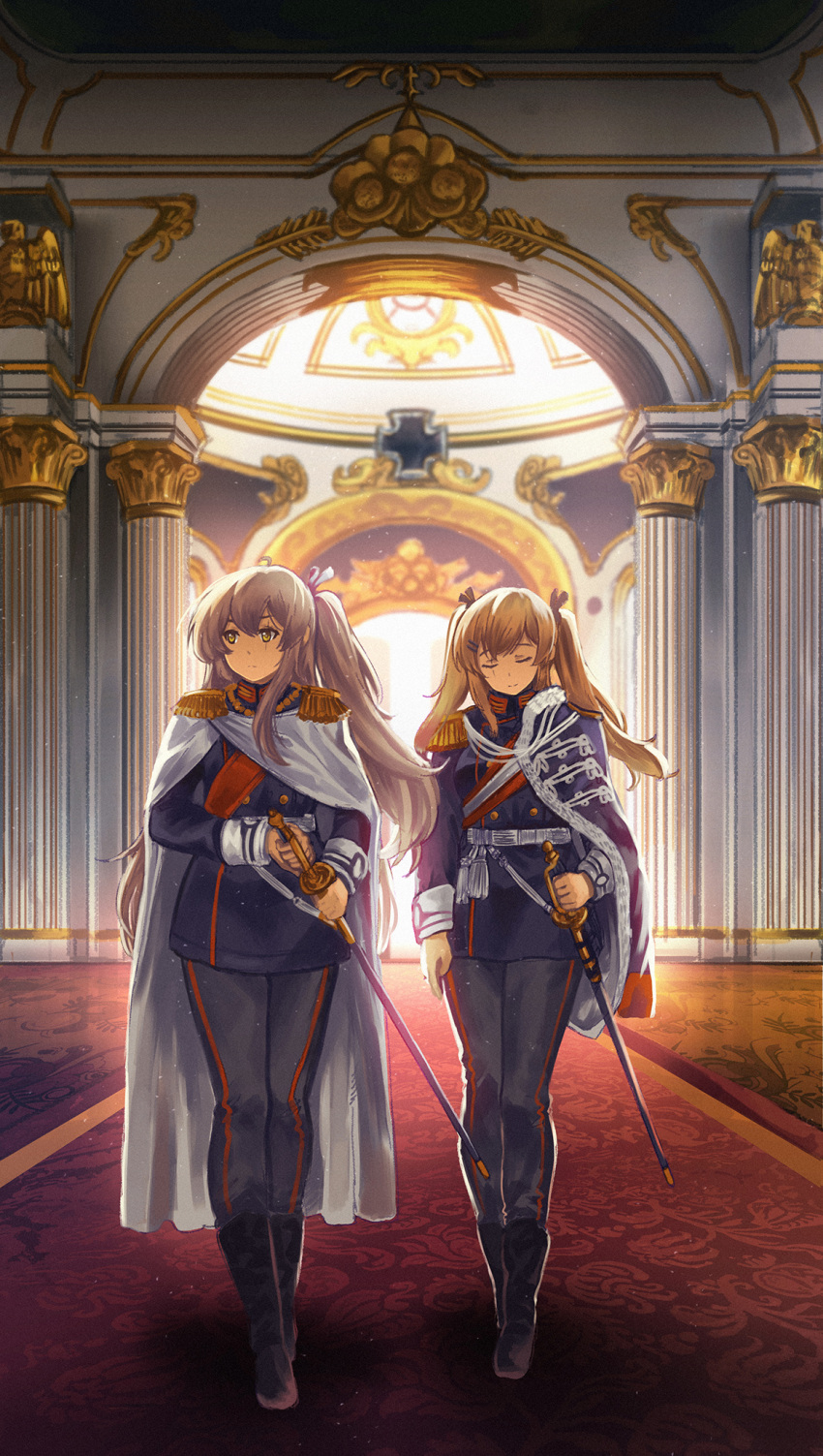 2girls alternate_costume boots brown_hair cape closed_eyes girls_frontline grey_hair hall highres iron_cross military military_uniform multiple_girls palace pauldrons persocon93 saber_(weapon) scar scar_across_eye siblings sisters sword twins twintails ump45_(girls_frontline) ump9_(girls_frontline) uniform weapon
