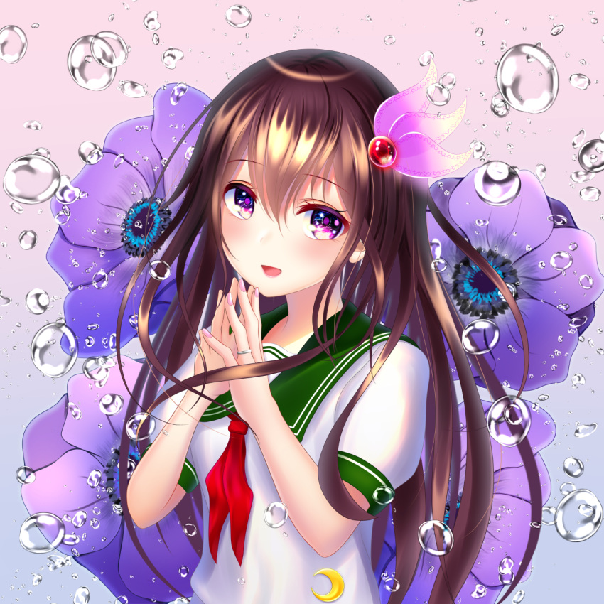 1girl blue_background brown_hair eyebrows_visible_through_hair fingers_together flower gradient gradient_background green_sailor_collar hair_between_eyes hair_ornament highres jewelry kantai_collection kisaragi_(kantai_collection) long_hair looking_at_viewer neckerchief open_mouth pink_background red_neckwear ribbon ring sailor_collar school_uniform serafuku shirt short_sleeves smile solo upper_body violet_eyes wabi_chazuke water_drop wedding_band wedding_ring white_shirt