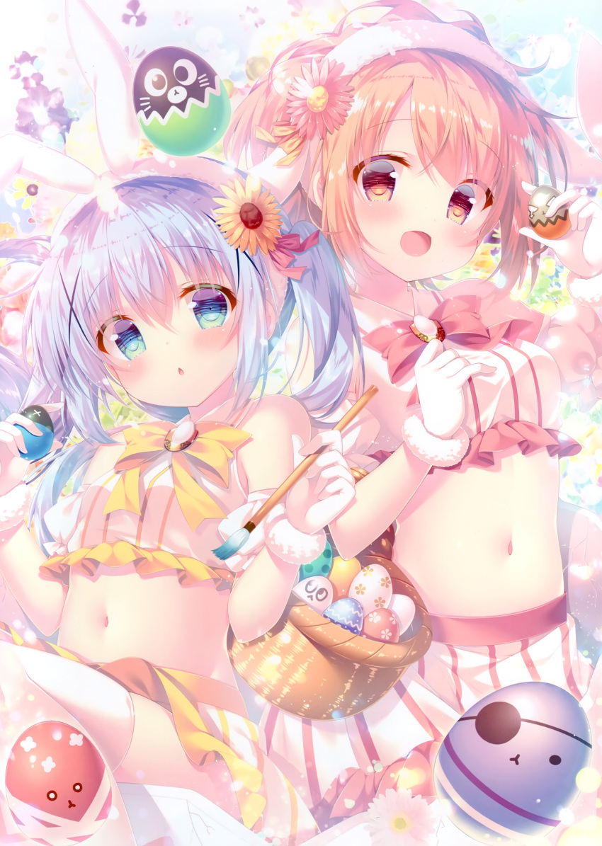 2girls :d absurdres animal_ears bangs basket blue_eyes blue_hair blush bow bowtie brooch chestnut_mouth crop_top detached_sleeves easter easter_egg egg floral_background flower frilled_shirt frills fur-trimmed_gloves fur_trim gloves gochuumon_wa_usagi_desu_ka? hair_flower hair_ornament hairband highres hoto_cocoa jewelry kafuu_chino midriff mitsumomo_mamu multiple_girls navel open_mouth orange_eyes orange_hair paintbrush pink_flower pink_neckwear rabbit_ears scan shirt skirt smile striped striped_skirt thigh-highs twintails vertical-striped_skirt vertical_stripes white_gloves white_legwear x_hair_ornament yellow_flower yellow_neckwear