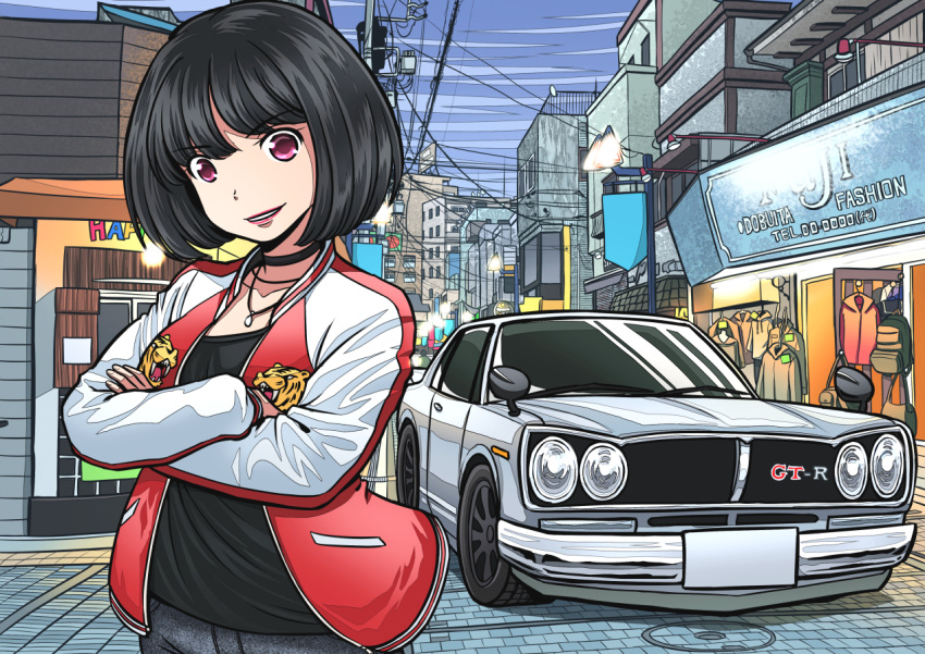 1girl back black_choker black_hair blue_sky building car choker crossed_arms day ground_vehicle jacket jewelry motor_vehicle necklace nissan_gt-r nissan_skyline original outdoors parted_lips pink_eyes power_lines shop sky smile solo standing vest yuyumomentum