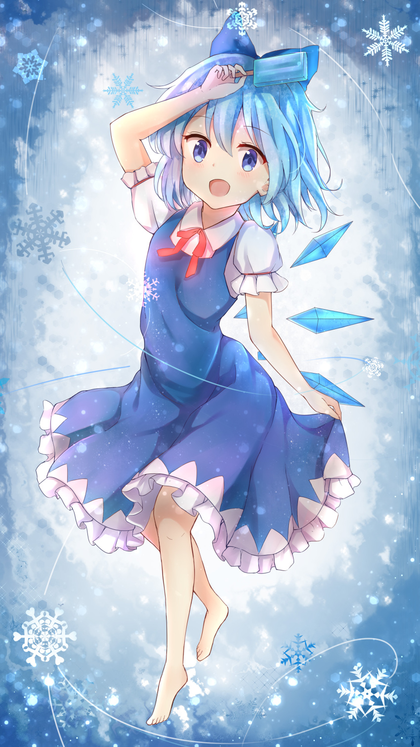 1girl :d absurdres arm_up bangs barefoot blue_bow blue_dress blue_eyes blue_hair blush bow cirno collared_shirt commentary_request dress eyebrows_visible_through_hair food frilled_dress frills full_body glowing hair_between_eyes hair_bow highres holding holding_food ice ice_wings neck_ribbon open_mouth popsicle puffy_short_sleeves puffy_sleeves red_ribbon ribbon shirt short_sleeves sleeveless sleeveless_dress smile snowflakes solo stick_jitb touhou white_shirt wings