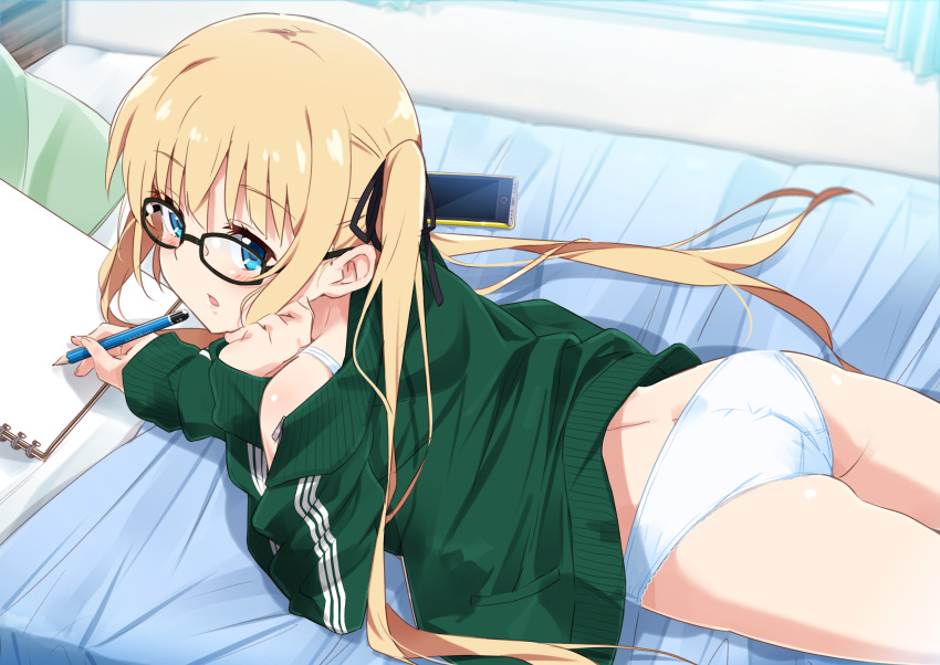 1girl ass bangs bare_shoulders bed_sheet black-framed_eyewear black_ribbon blonde_hair blue_eyes blush bra cellphone commentary_request eyebrows_visible_through_hair glasses green_jacket hair_between_eyes hair_ribbon hand_up highres holding holding_pen jacket long_hair long_sleeves looking_at_viewer looking_to_the_side lying mousou_(mousou_temporary) notepad off_shoulder on_stomach open_clothes open_jacket panties parted_lips pen phone pillow ribbon saenai_heroine_no_sodatekata sawamura_spencer_eriri sleeves_past_wrists solo twintails underwear very_long_hair white_bra white_panties