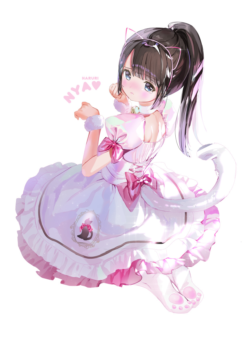 1girl :3 absurdres animal_ears bangs bell bell_choker blue_eyes blush bow brown_hair cat_ears cat_girl cat_tail choker closed_mouth dress eyebrows_visible_through_hair fake_animal_ears full_body hair_between_eyes heart high_ponytail highres jingle_bell long_hair looking_at_viewer looking_to_the_side mullpull nose_blush original pantyhose paw_pose pink_dress ponytail puffy_short_sleeves puffy_sleeves purple_bow romaji_text seiza short_sleeves simple_background sitting soles solo tail white_background white_choker white_legwear