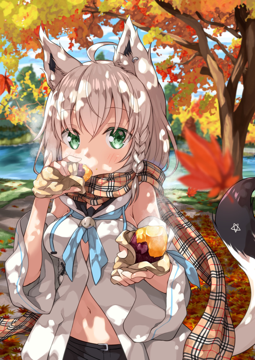 1girl absurdres ahoge animal_ears autumn autumn_leaves bangs braid breasts commentary_request day detached_sleeves eating eyebrows_visible_through_hair food food_on_face fox_ears green_eyes grey_hair hair_between_eyes highres holding holding_food hololive jewelry lake leaf long_hair looking_at_viewer maple_leaf medium_breasts miyabi_(miyabeeya) nature navel open_clothes outdoors plaid plaid_scarf scarf shirakami_fubuki side_braid single_braid single_earring solo steam sweet_potato tail virtual_youtuber wide_sleeves yakiimo