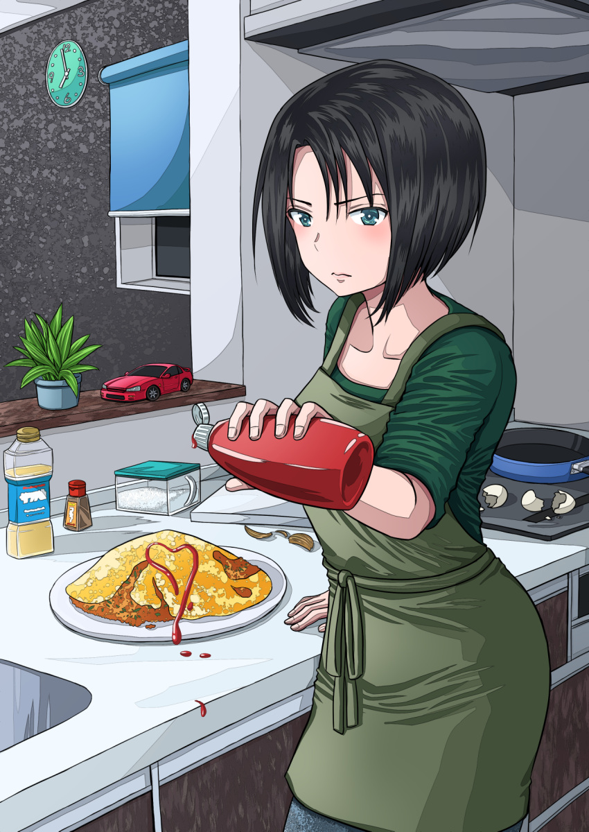 1girl apron black_hair blue_eyes clock cooking cooking_oil eggshell food frying_pan heart highres indoors ketchup looking_at_viewer omurice original oven plant plate potted_plant short_hair sink standing toy yuyumomentum