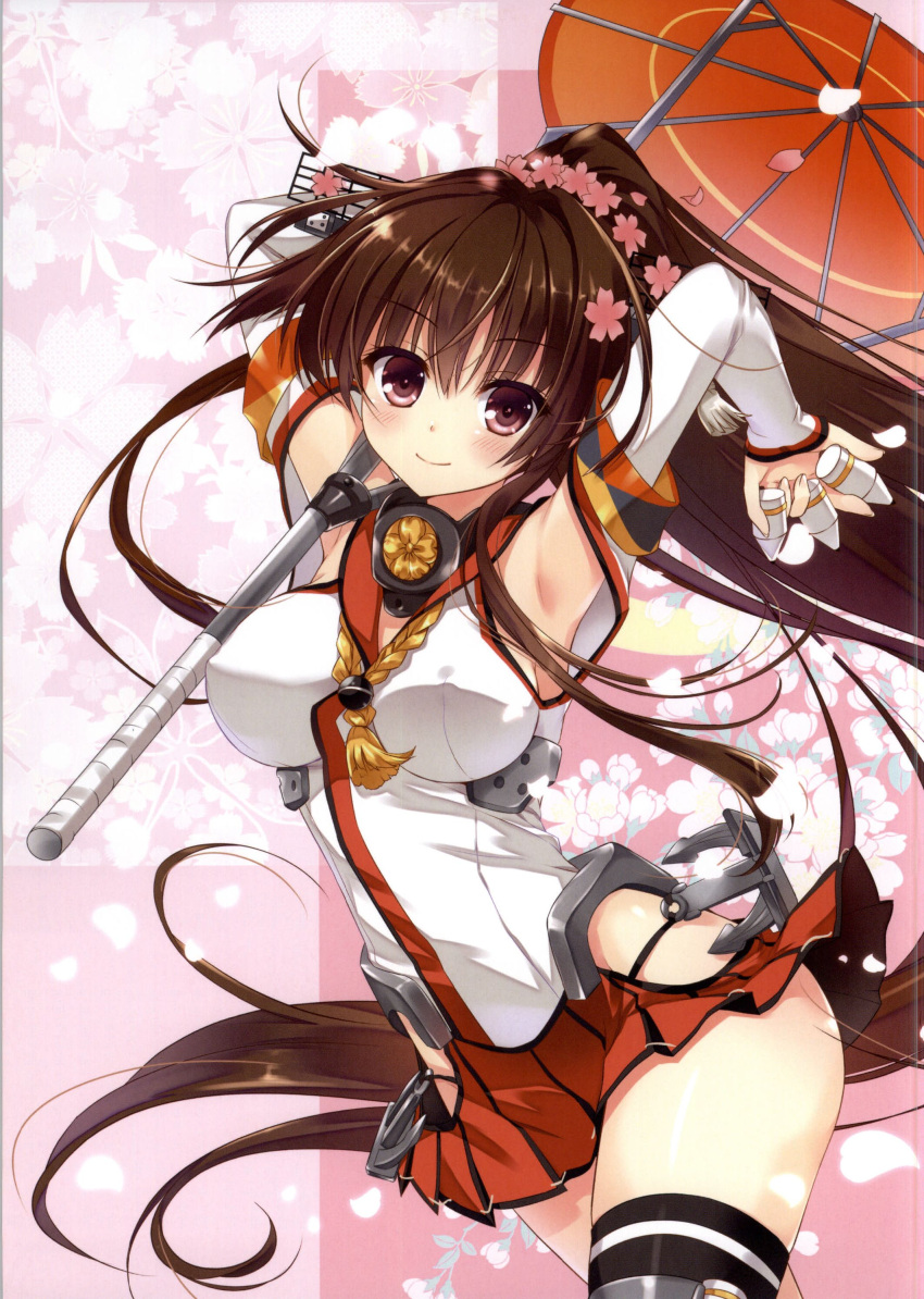 1girl absurdres ameto_yuki armpits arms_up blush breasts brown_eyes brown_hair cherry_blossoms closed_mouth detached_sleeves eyebrows_visible_through_hair floral_background flower hair_ornament highres holding kantai_collection long_hair looking_at_viewer medium_breasts oriental_umbrella petals pink_background ponytail red_umbrella scan shiny shiny_skin smile solo thigh-highs thighs umbrella yamato_(kantai_collection)