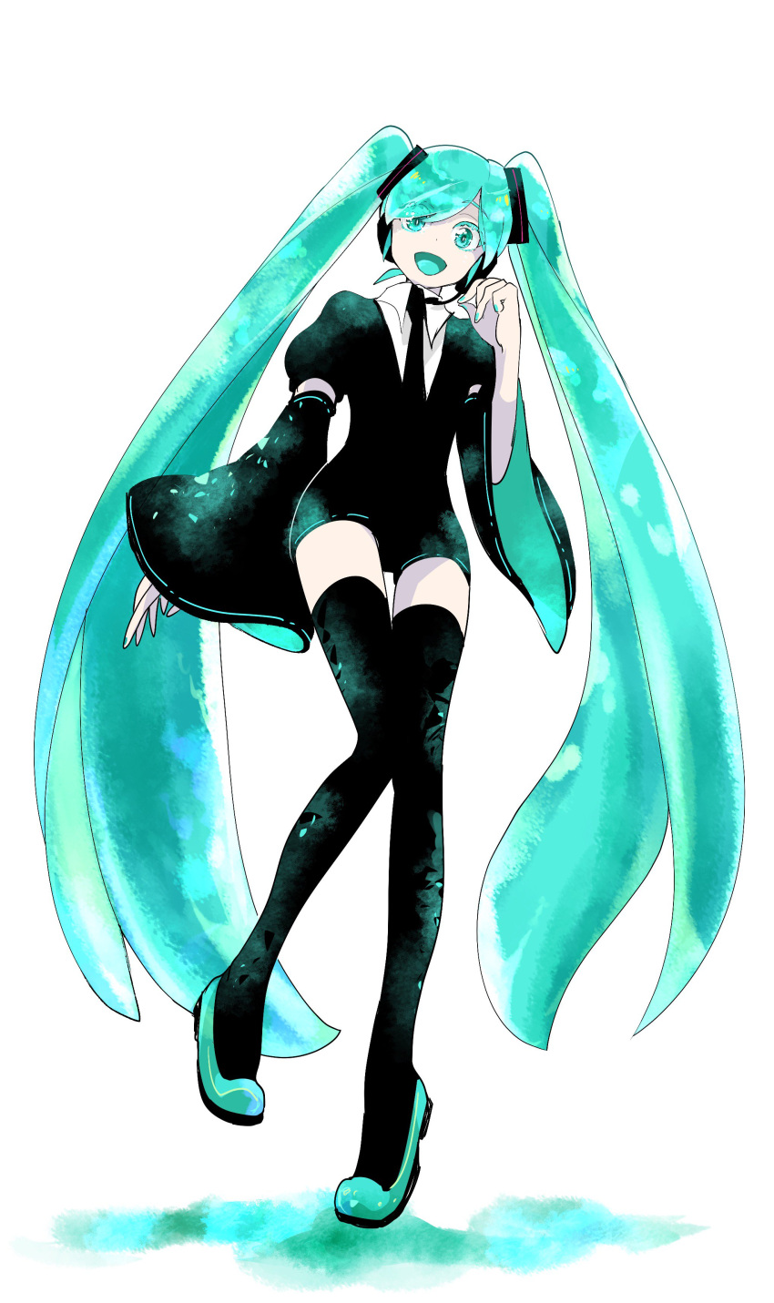 1girl absurdres aqua_eyes aqua_hair black_neckwear collared_shirt commentary detached_sleeves full_body gem_uniform_(houseki_no_kuni) hair_ornament hatsune_miku headphones headset highres houseki_no_kuni kinnkonnsousai long_hair looking_at_viewer necktie parody puffy_short_sleeves puffy_sleeves shirt shoes short_sleeves smile solo standing standing_on_one_leg thigh-highs twintails very_long_hair vocaloid white_background wide_sleeves