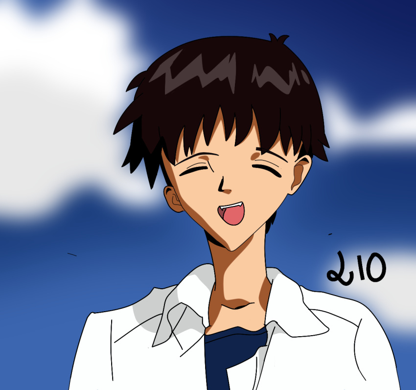 1boy 210 brown_hair closed_eyes cloud gainax ikari_shinji lio male_focus n_n neon_genesis_evangelion number open_mouth short_hair sky smile solo tagme upper_teeth white_shirt