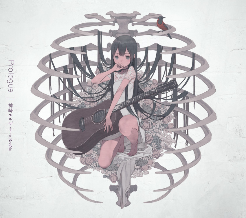 1girl album_cover animal artist_request bangs barefoot bird black_hair commentary_request cover covered_mouth dress eyebrows_visible_through_hair flower grey_background grey_eyes guitar hand_up highres holding holding_instrument instrument kanzaki_elsa long_hair one_knee red_flower red_rose ribs rose see-through short_sleeves solo sword_art_online sword_art_online_alternative:_gun_gale_online translated very_long_hair white_dress white_flower
