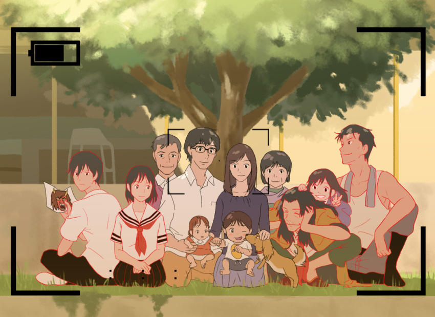 3girls 5boys alternate_form baby barefoot black-framed_eyewear black_hair black_skirt brown_hair closed_eyes crossed_legs dog family father_and_daughter father_and_son grass great_grandfather_(mirai) licking long_sleeves medium_hair mirai_no_mirai mother_and_daughter mother_and_son multiple_boys multiple_girls older oota_kun oota_mirai photo school_uniform shirt short_hair sitting skirt squatting time_paradox tree v white_shirt younger