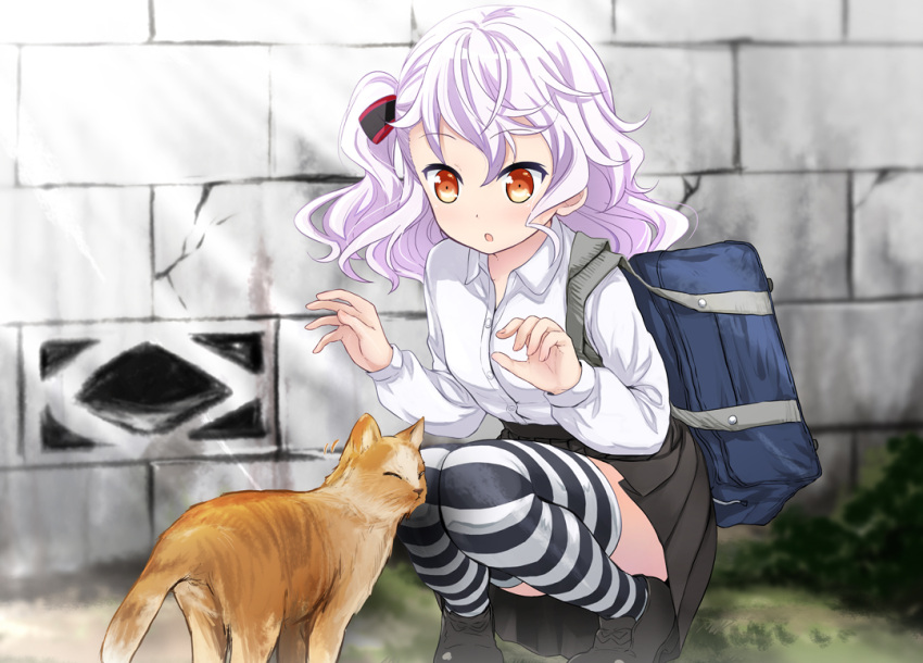 1girl abe_kanari alternate_costume bag black_skirt brown_eyes cat convenient_leg eyebrows_visible_through_hair feet_out_of_frame hair_ribbon high_school_fleet pleated_skirt ribbon school_bag school_uniform shirt silver_hair skirt squatting striped striped_legwear thea_kreutzer thigh-highs white_shirt